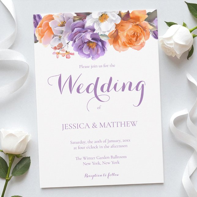 Convite Casamento de Flores de Aquarela Floral Roxo Elegan (Elegant Floral Purple Watercolor Flowers Wedding Invitation)