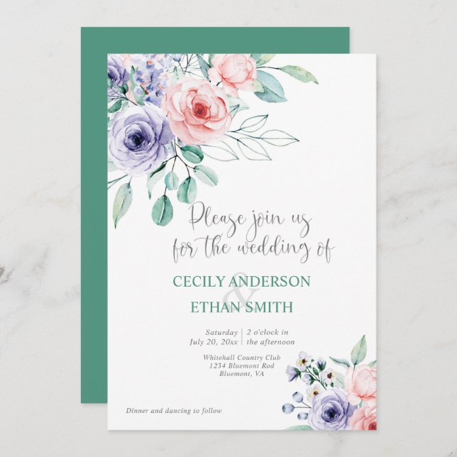 Convite Casamento de Flores de Aquarela Púrpura e Pinta Ro (Frente/Verso)