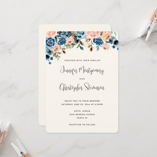 Convite Casamento de Flores de Aquarela Rosa e Azul (Frente/Verso In Situ)
