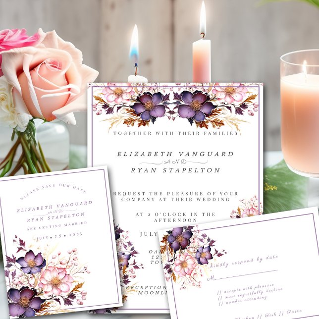 Convite Casamento De Flores De Aquarela Rosa E Roxo (Criador carregado)