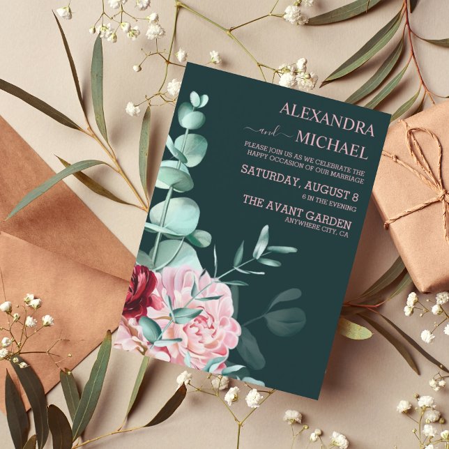 Convite Casamento de Flores de Borgonha Emerald Green (Criador carregado)