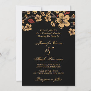 Convite Casamento de Flores de Cereja com Sakura Dourada e