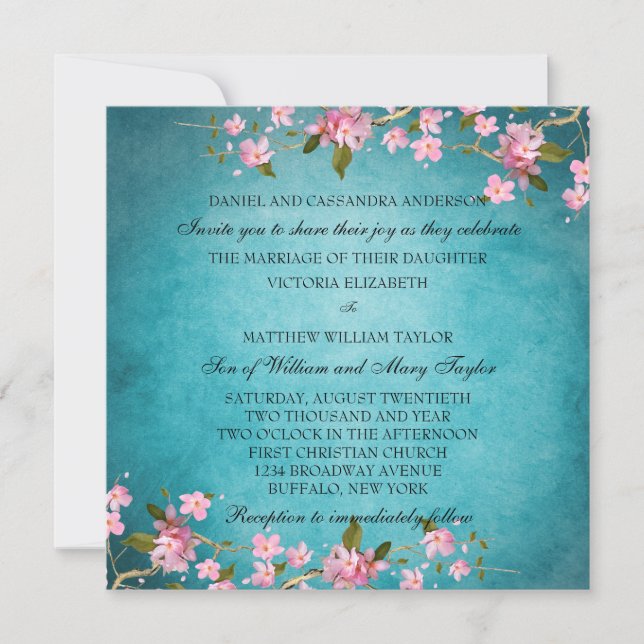 Convite Casamento de Flores de Cerejeira Japonesas Azul Tu (Frente)