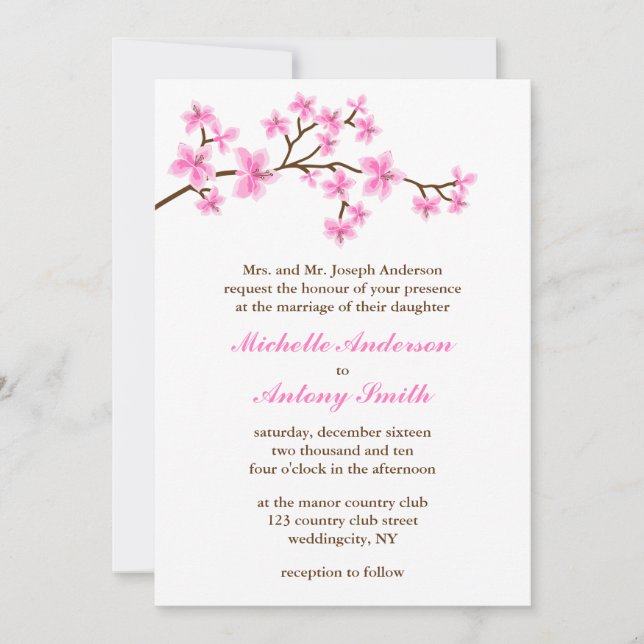 Convite Casamento de flores de cerejeira rosa (Frente)