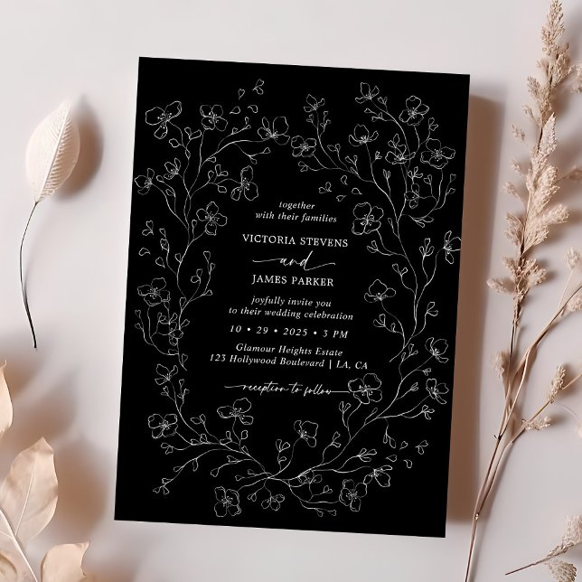 Convite Casamento de Flores de Flor Branca e Negra Elegant (Criador carregado)