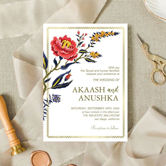 Convite Casamento de Flores de Fogo Clássicas Douradas (Criador carregado)