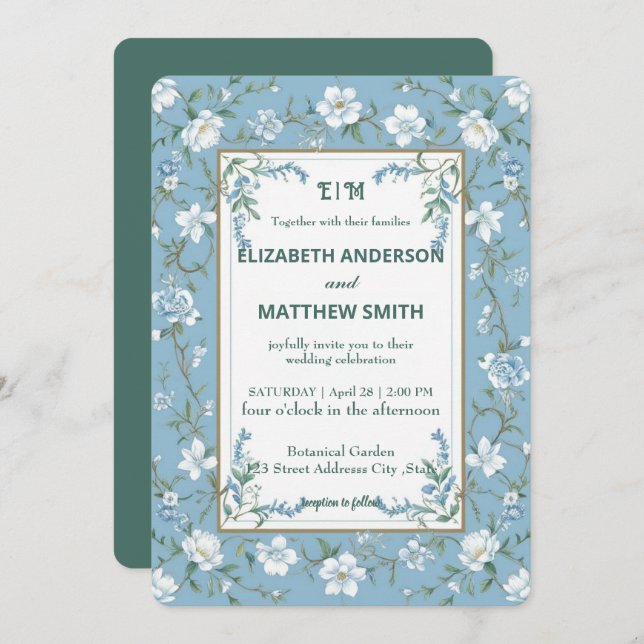 Convite Casamento de flores de fotos da Biue & White Overl (Frente/Verso)
