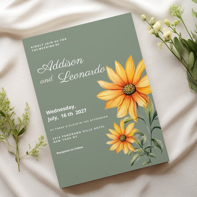 Convite Casamento de flores de girassol amarelo-verde (Mint green yellow sunflower flowers wedding)