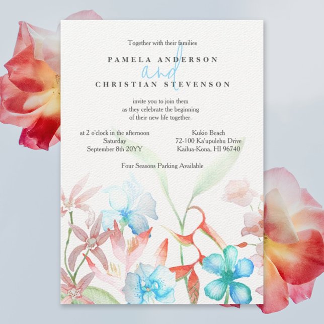 Convite Casamento de Flores de Heliconia Laranja, Hibiscus (tropical orange heliconia wedding invitation with blue hibiscus and pink gardenia flowers)