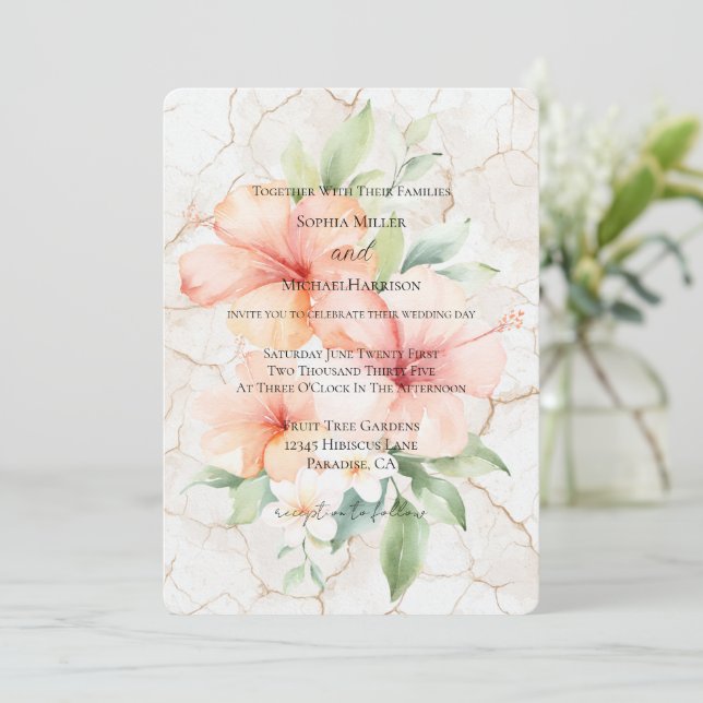 Convite Casamento de Flores de Hibisco Brisa de Verão (Em pé/Frente)