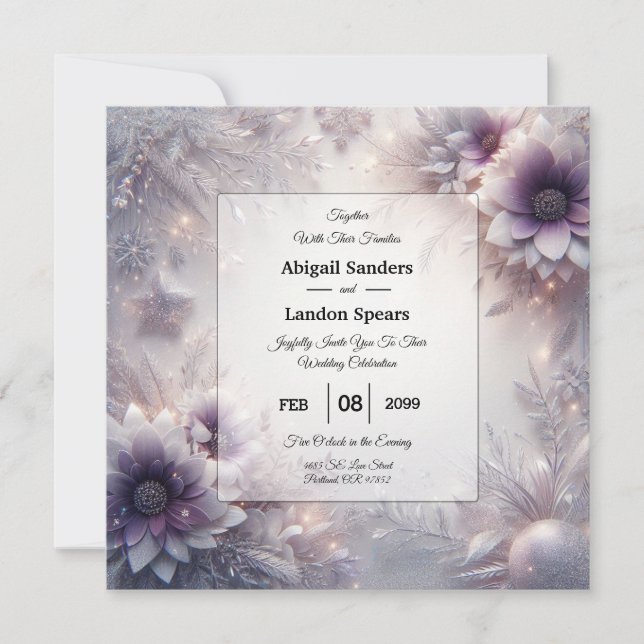 Convite Casamento de Flores de Inverno Prateadas e Suaves  (Frente)