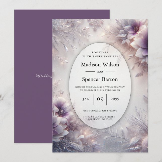 Convite Casamento de Flores de Inverno Prateadas e Suaves  (Frente/Verso)