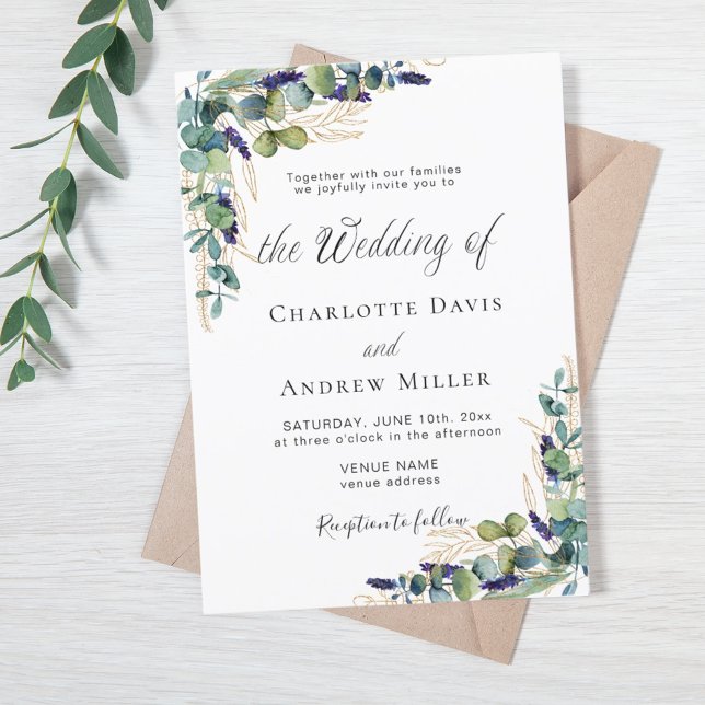 Convite Casamento de flores de lavanda Eucalyptus greenery (Criador carregado)