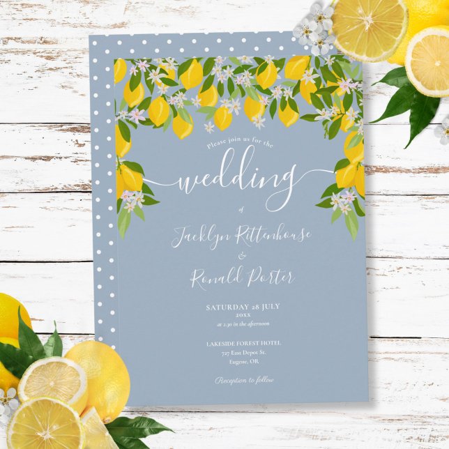 Convite Casamento de Flores de Limão Azul Dusty (Dusty Blue Greenery Lemons Blossom Wedding Invitation)