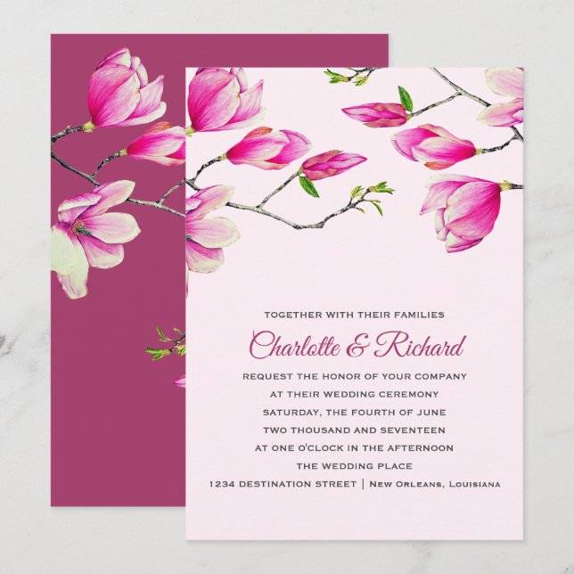 Convite Casamento de Flores de Magnólia Rosa Elegante (Frente/Verso)