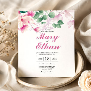 Convite Casamento de Flores de Magnólia Rosa em Aquarela