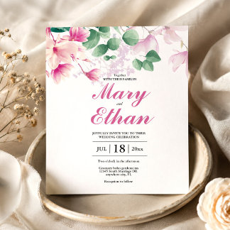 Convite Casamento de Flores de Magnólia Rosa em Aquarela