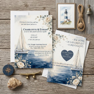 Convite Casamento de Flores de Marfim e Barco à Vela Azul