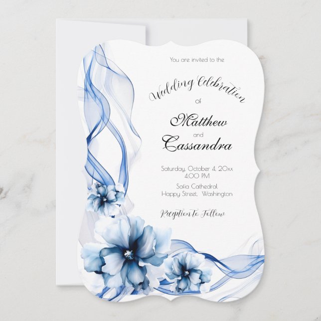 Convite Casamento de Flores de Marinho Azul Elegante Dusty (Frente)