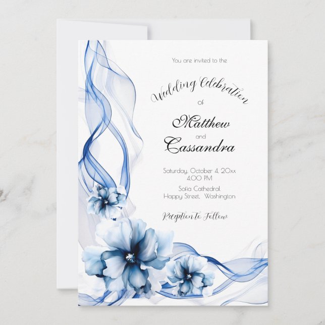 Convite Casamento de Flores de Marinho Azul Elegante Dusty (Frente)