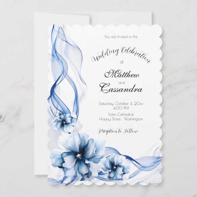 Convite Casamento de Flores de Marinho Azul Elegante Dusty (Frente)