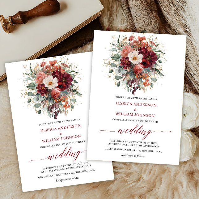 Convite Casamento de Flores de Outono Boêmia Borgonha  (Burgundy Bohemian Fall Flowers Greenery Wedding Invite

)