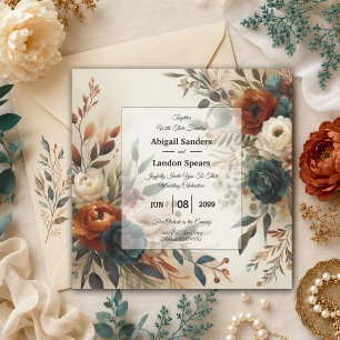 Convite Casamento de Flores de Outono em Laranja Queimada