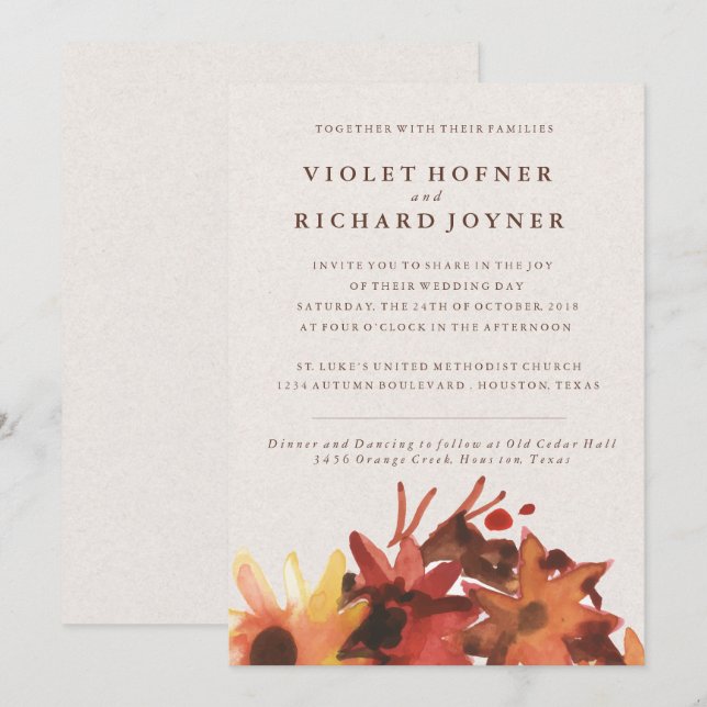 Convite Casamento de Flores de outono/Outono (Frente/Verso)