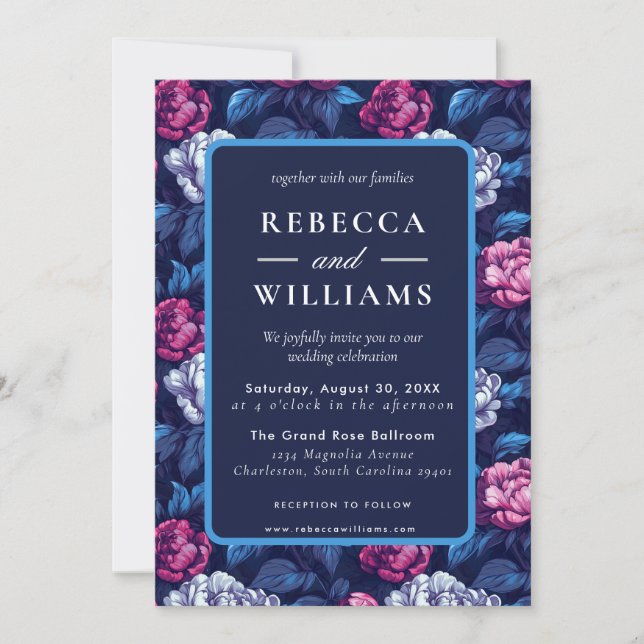 Convite Casamento de Flores de Peônias Azuis Boho  (Frente)