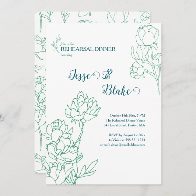 Convite Casamento de Flores de Peônias Desenhadas em Mão V (Frente/Verso)