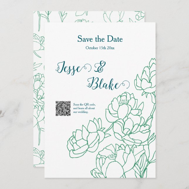 Convite Casamento de Flores de Peônias Desenhadas em Mão V (Frente/Verso)