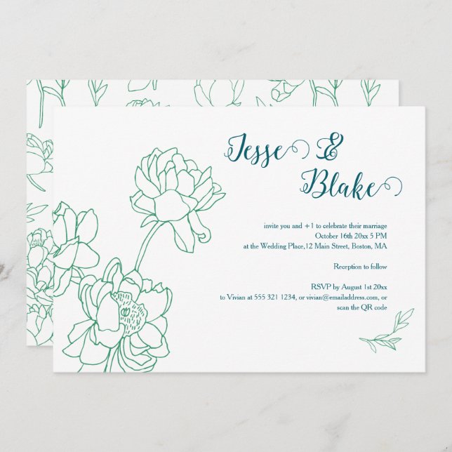 Convite Casamento de Flores de Peônias Desenhadas em Mão V (Frente/Verso)