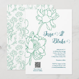 Convite Casamento de Flores de Peônias Desenhadas em Mão V