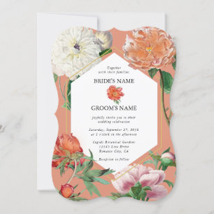Convite Casamento de Flores de Pêonias Rosa-Pêssegos-Pinhe