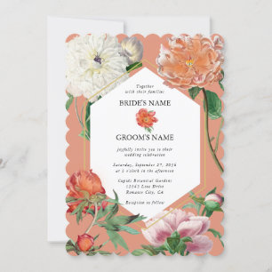 Convite Casamento de Flores de Pêonias Rosa-Pêssegos-Pinhe