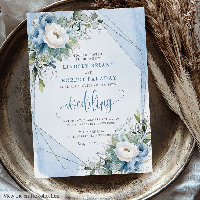 Convite Casamento de Flores de Prata Branca e Azul Encharc (Charming Dusty Blue White Silver Flowers Wedding Invitation)