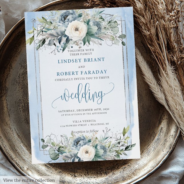 Convite Casamento de Flores de Prata Branca na moda Pastel (Stylish Pastel Blue White Silver Flowers Wedding Invitation)