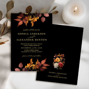 Convite Casamento de Flores de Queda Rustic Black Rust
