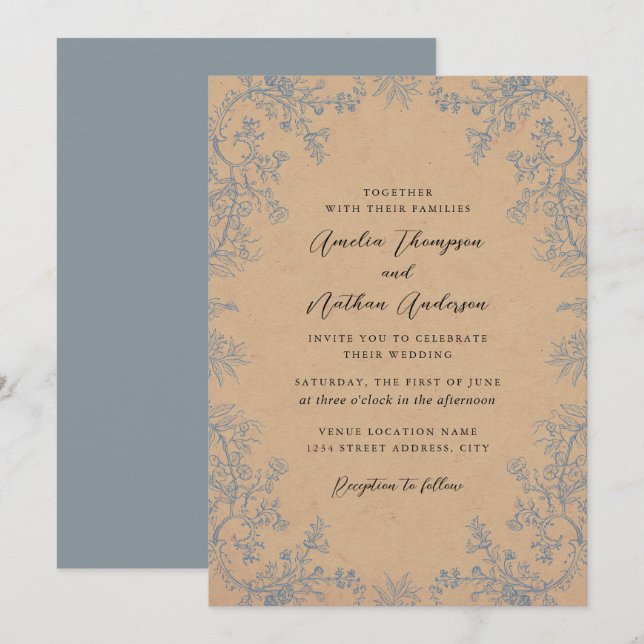 Convite Casamento de Flores de Renda Azul empoeirado Elega (Frente/Verso)