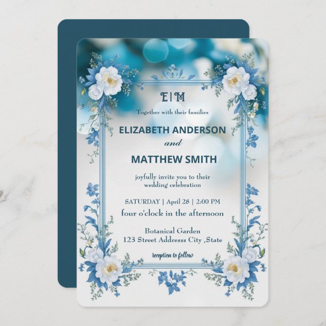 Convite Casamento de Flores de Sobreposição Elegante e Bra (Frente/Verso)