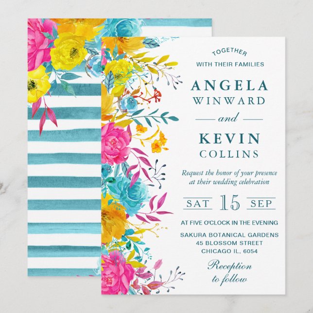 Convite Casamento de Flores de Verão com Aquarela Boho (Frente/Verso)