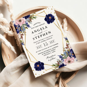Convite Casamento de Flores de Verão Creme e Azul Marinho 