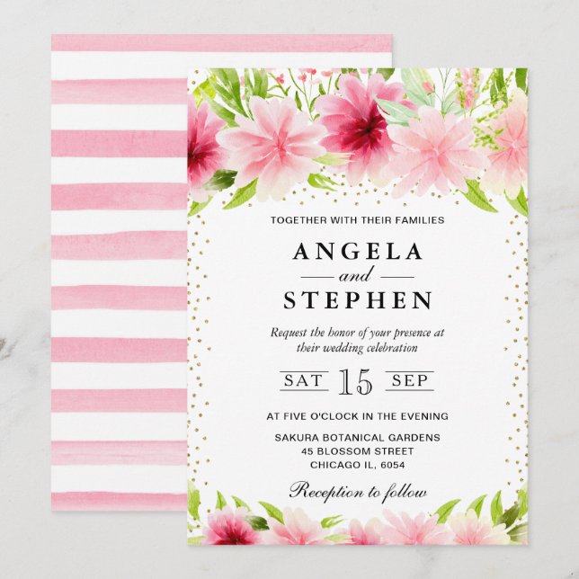Convite Casamento de Flores de Verão Rosa Aquarela (Frente/Verso)
