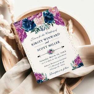 Convite Casamento de Flores de Verão Roxas e Azuis