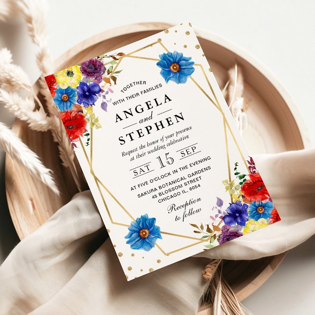 Convite Casamento de flores de verão vermelho, roxo e azul (Criador carregado)