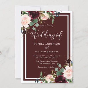 Convite Casamento de Flores de Vinho Vermelho e Flores de