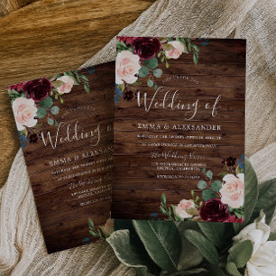 Convite Casamento de Flores de Vinho Vermelho Rústico e B