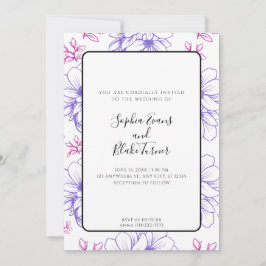 Convite Casamento de Flores Desenhadas Simples Rosa e Roxo