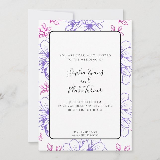Convite Casamento de Flores Desenhadas Simples Rosa e Roxo (Frente)