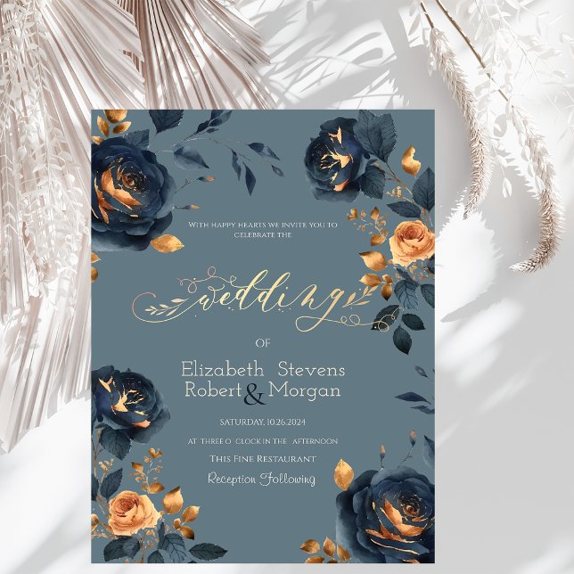 Convite Casamento de Flores Douradas Azul Marinho (Criador carregado)